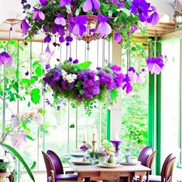 enchanted garden dining room with flower vine chandeliers and fairy figurines. 