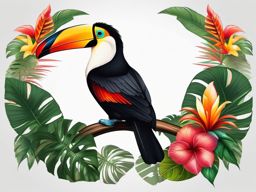 Toucan Tattoo - Toucan sitting in a tropical rainforest canopy  color tattoo design, clean white background