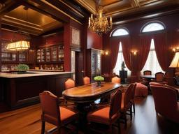 In the bar room, Italian Renaissance interior design includes richly detailed furnishings, elegant accents, and classical decor that create a sophisticated atmosphere for socializing and entertainment.  