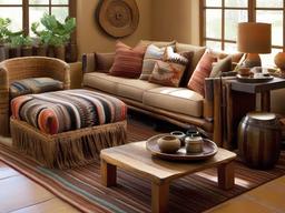 Southwestern living room combines earthy colors, woven textiles, and rustic wood furniture for a warm and welcoming atmosphere.  