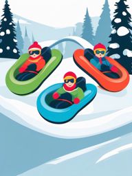 Snow Tubing Joy Clipart - Snow tubers having a blast descending snowy slopes.  color vector clipart, minimal style