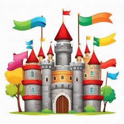 Cartoon castle with colorful banners clipart.  vector style illustration, white background