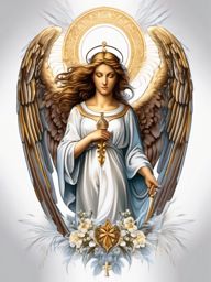 Guardian angel with Catholic symbols design: Protective presence in Catholic art.  color tattoo style, white background