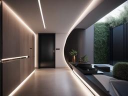 In the entryway, futuristic interior design showcases smooth surfaces, smart lighting, and a streamlined aesthetic that provides a bold first impression upon entering the home.  