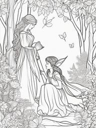 Fairy and Forest Elf Coloring Pages - Fairy and Her Elf Friend in the Woods  minimal black outline printable sheet, coloring page