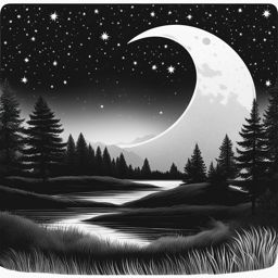 moon clipart black and white in a starry night - casting a serene glow. 