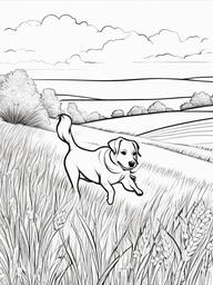 Dog in a Field Coloring Pages - Dog Running Through a Sunny Field  minimal black outline printable sheet, coloring page