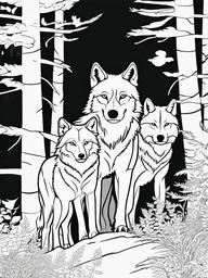 Wolf Pack Coloring Pages - Family of Wolves in a Forest  minimal black outline printable sheet, coloring page