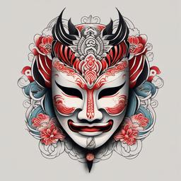 japanese mask traditional tattoo  simple color tattoo,white background,minimal