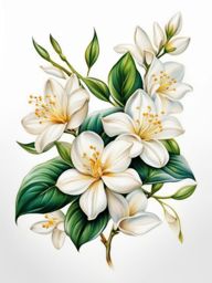 Jasmine flower tattoo, Tattoos inspired by the fragrant and charming jasmine flower.  vivid colors, white background, tattoo design