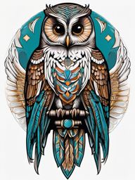 Barred owl tattoo carrying a scroll of spiritual significance.  color tattoo style, minimalist design, white background