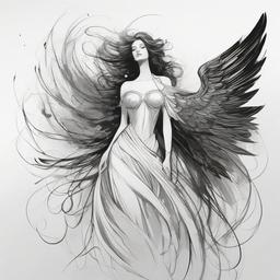 drawing of a fantasy angel  minimal rough sketch scribbles,doodles,black and white