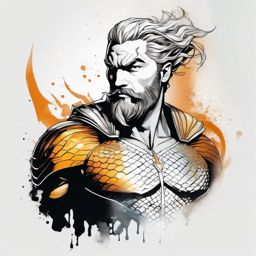 Aquaman's portrait ink. Heroic visage revealed.  color tattoo minimalist white background