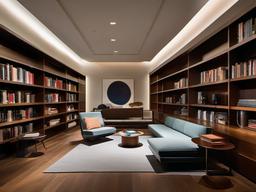 In the library room, Bauhaus interior design incorporates sleek bookshelves, comfortable seating, and a calming color palette that inspires reading and relaxation in a refined setting.  