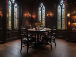 The dining room embodies Gothic interior design with a long wooden table, heavy chairs, and stained glass windows that create an enchanting and atmospheric dining experience.  