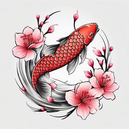 Cherry Blossom Koi Tattoo - Koi fish with cherry blossom tattoo.  simple color tattoo,white background,minimal