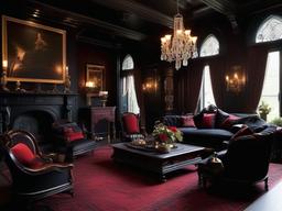 Gothic living room incorporates dark wood furniture, rich fabrics, and ornate accents, creating a dramatic atmosphere for intimate gatherings.  