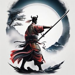 Warrior samurai tattoo reaching for enlightenment.  color tattoo,minimalist,white background