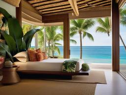 Tropical bedroom creates an island paradise with its bamboo canopy bed, palm-leaf print textiles, and a seamless blend of indoor-outdoor living with large sliding glass doors.  