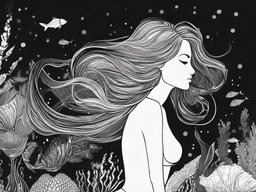 drawing of a mermaid under the sea  minimal rough sketch scribbles,doodles,black and white