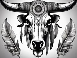 Cow skull with feathers ink: Native American symbolism, connection.  black and white tattoo style
