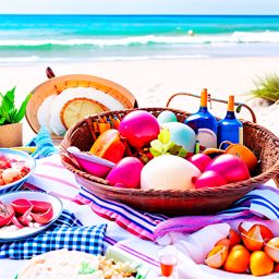 beachside seafood feast, a seaside picnic with crab legs, shrimp, and lobster served on sandy shores. 