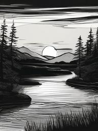 drawing of a sunset with a river  minimal rough sketch scribbles,doodles,black and white