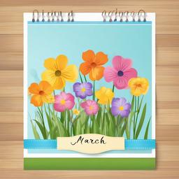 March clipart - calendar page turned to March with spring flowers  