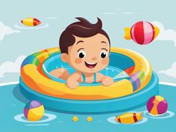 Swimmer clipart - cartoon swimmer in a kiddie pool with toys  color,minimalist,vector clipart