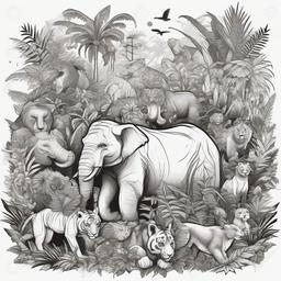 Jungle themed with all jungle animals  ,tattoo design, white background