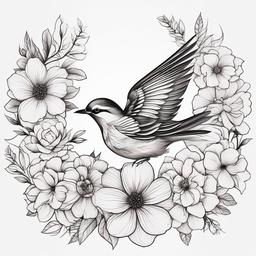 Bird Flower Tattoo - Bird surrounded by flowers  minimal tattoo design, white background