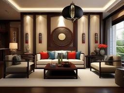 Asian Fusion living room combines comfortable seating with decorative accents inspired by various Asian cultures for a harmonious living space.  