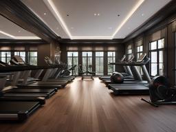 In the gym room, Russian Revival interior design includes stylish equipment, elegant accents, and rich textures that enhance workouts and fitness activities in a luxurious setting.  