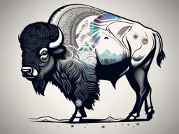 Bison with cosmic elements ink. Celestial prairie connection.  minimal color tattoo design