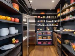 The pantry showcases cosmic chic interior design with organized shelving, colorful containers, and playful decor, making food storage both practical and fun.  