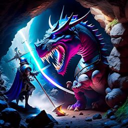 sir lancelot vs the wyrm - the valiant knight confronts the fearsome wyrm in a treacherous cave, swinging his mighty sword excalibur. 
