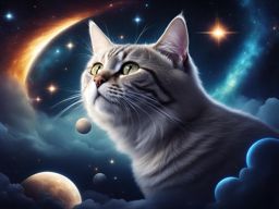 imagine a cosmic dreamscape with a celestial cat chasing shooting stars. 