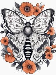 Death Moth and Flower Tattoo - Combine elements of life and death with a tattoo featuring a Death moth alongside flowers.  simple vector color tattoo, minimal, white background