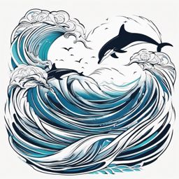 Sailing with Dolphins - Dolphins playfully riding ocean waves alongside a sailing ship.  outline color tattoo,minimal,white background