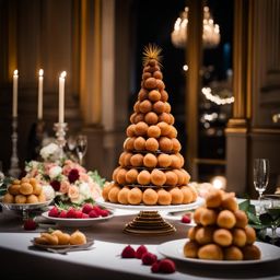 croquembouche, a french dessert tower, enjoyed at a chic parisian wedding. 