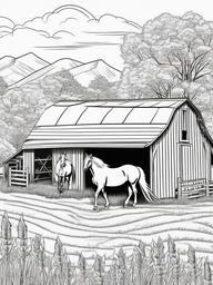 Horse and Barn Coloring Pages - Classic Farm Scene with Horses  minimal black outline printable sheet, coloring page