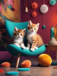 Cute Wallpapers - Playful Kittens in a Cozy Living Room wallpaper splash art, vibrant colors, intricate patterns