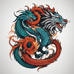 Dragon and Lion Tattoo - Powerful tattoo combining a dragon and lion imagery.  simple color tattoo,minimalist,white background