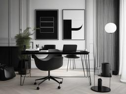 Minimalist monochrome office with sleek black and white decor.  