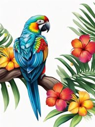 Parrot Tattoo - Parrot with colorful feathers sitting on a tropical branch  color tattoo design, clean white background