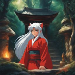 inuyasha,inuyasha the half-demon,protecting a mystical shrine from demons,a sacred forest hyperrealistic, intricately detailed, color depth,splash art, concept art, mid shot, sharp focus, dramatic, 2/3 face angle, side light, colorful background