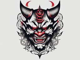 Hannya and Oni Tattoo - A tattoo design that combines both the Hannya and Oni motifs, creating a unique and powerful composition.  simple color tattoo,white background,minimal