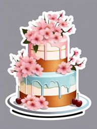 Cake with Cherry Blossoms Sticker - Cake adorned with delicate cherry blossoms, ,vector color sticker art,minimal