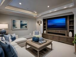 A media room designed with Hampton interior design features comfortable furnishings, coastal accents, and light colors that enhance the cinematic experience in a serene setting.  