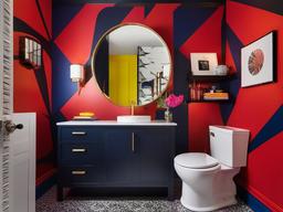 In the powder room, Pop Art interior design includes bold wallpaper, playful fixtures, and an eclectic mix of decor that transforms a small space into a lively and inviting experience.  